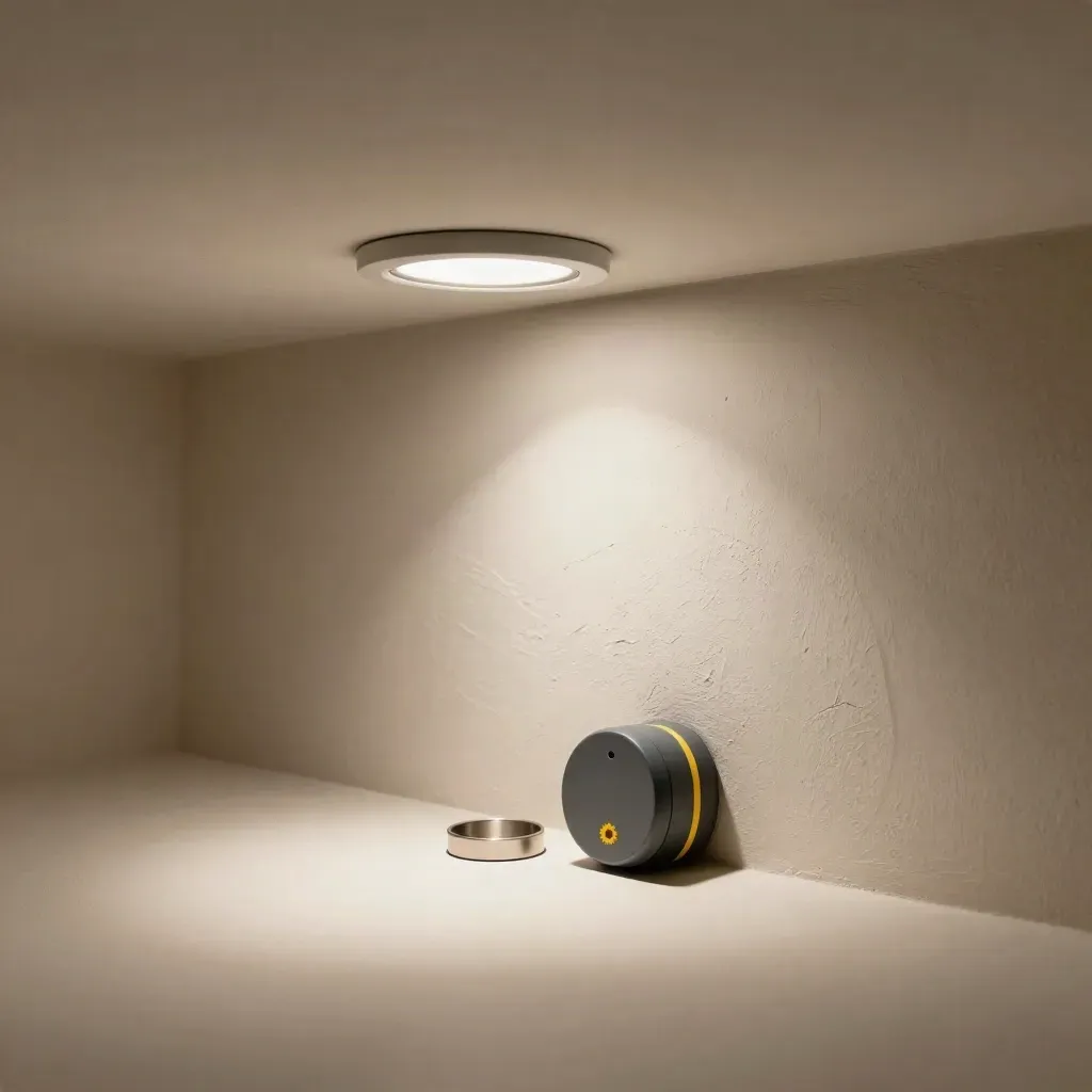 Downlight auf Putzprobe neben Dimmer und Ersatzring in ruhigem, hellem Licht.