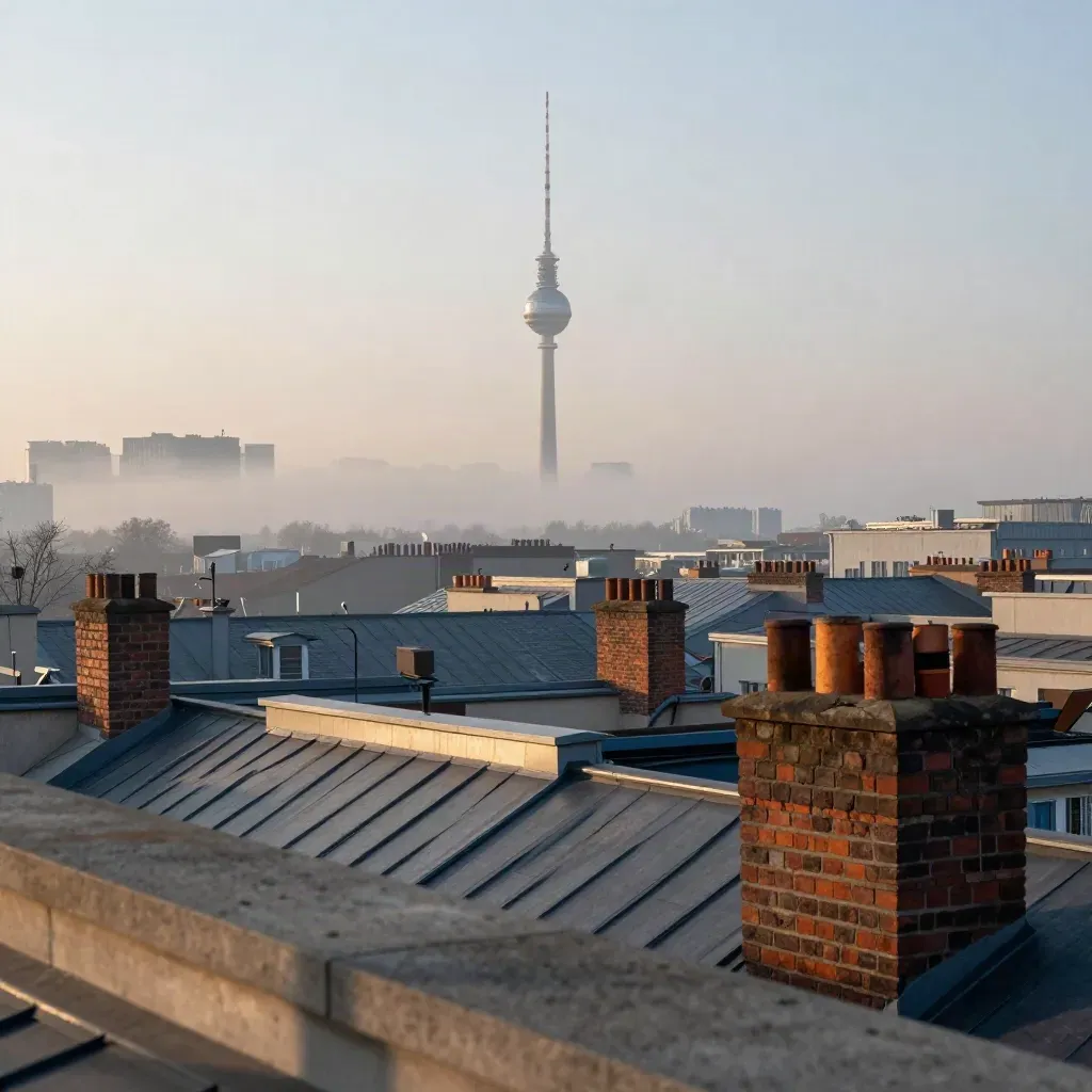 Berliner Skyline mit Fernsehturm im Morgennebel über ruhigen Dächern