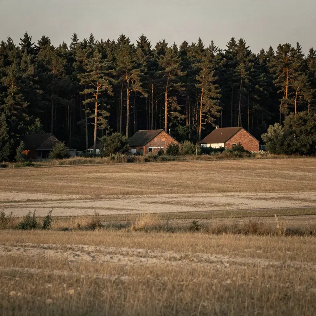 Berlin-Umland mit Kiefern, Feldern und roten Dächern im weichen Spätnachmittagslicht.