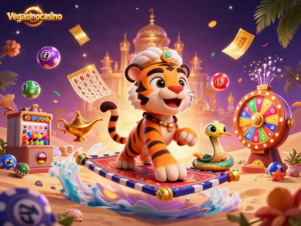 Experience the thrill of vegasinocasino with an enchanting 3D illustration of a tiger sultan on a magic carpet.