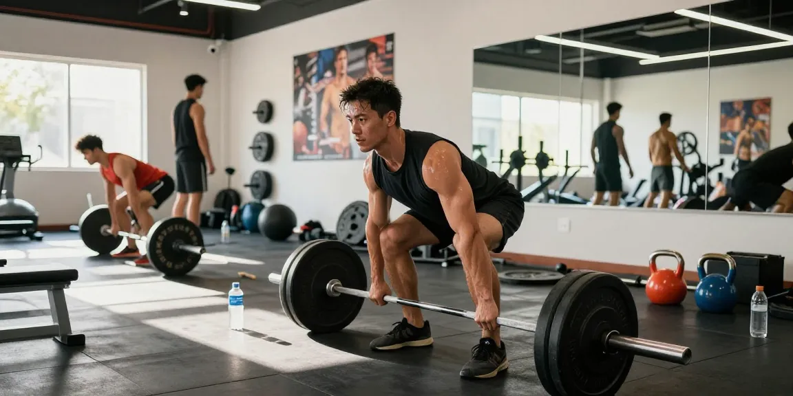 Anabolikashop: Athlet beim Training im Fitnessstudio, konzentriert beim Kreuzheben mit motivierender Umgebung.