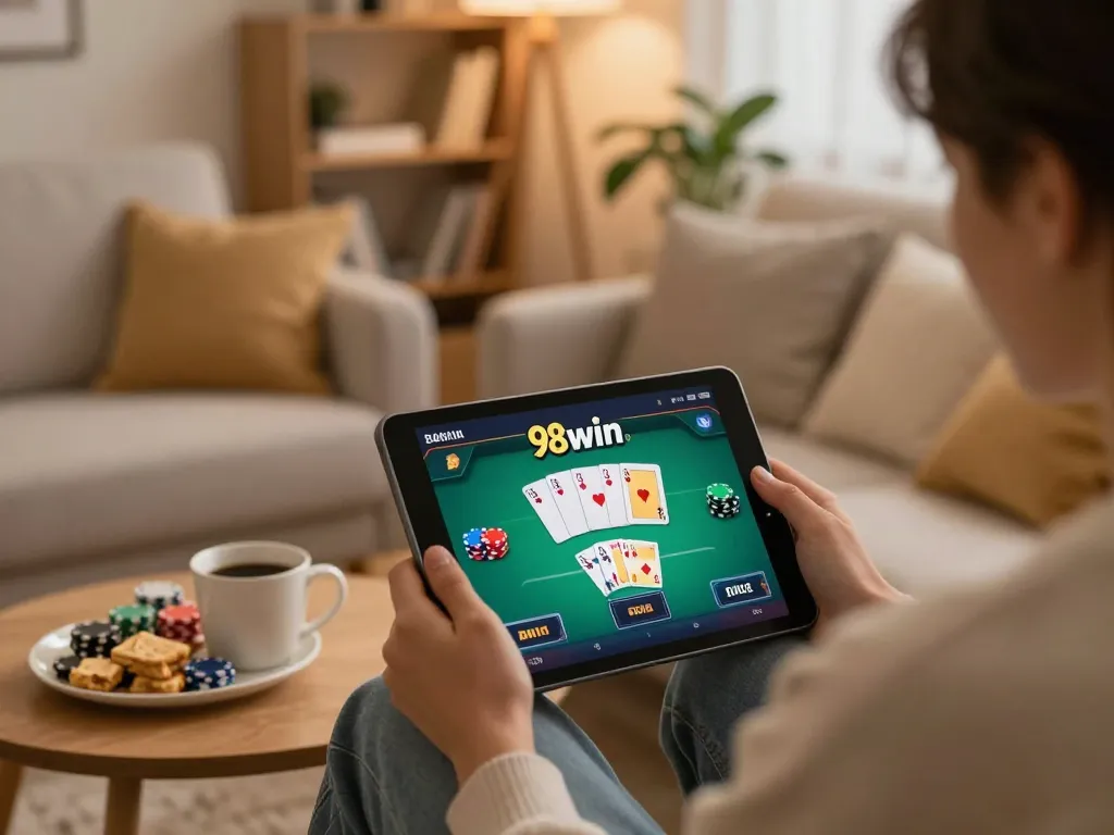 Engaging gameplay at 98win mobile casino on a tablet in warm home setting