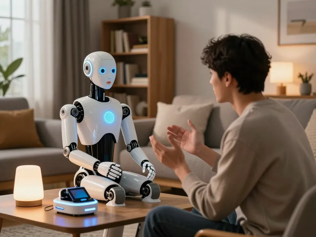 Engaging moment with a lifelike sex bot in a cozy home environment showcasing advanced AI interaction