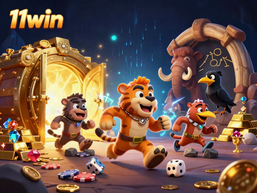 Experience thrilling gameplay at 11win with vibrant cartoon illustration capturing prehistoric casino excitement.