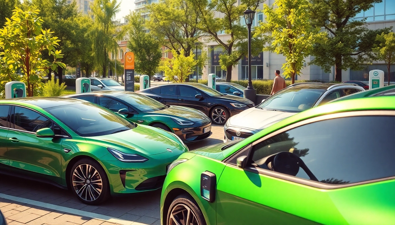Elektroautos parken in einer lebhaften Stadtumgebung, umgeben von Grün und moderner Architektur.