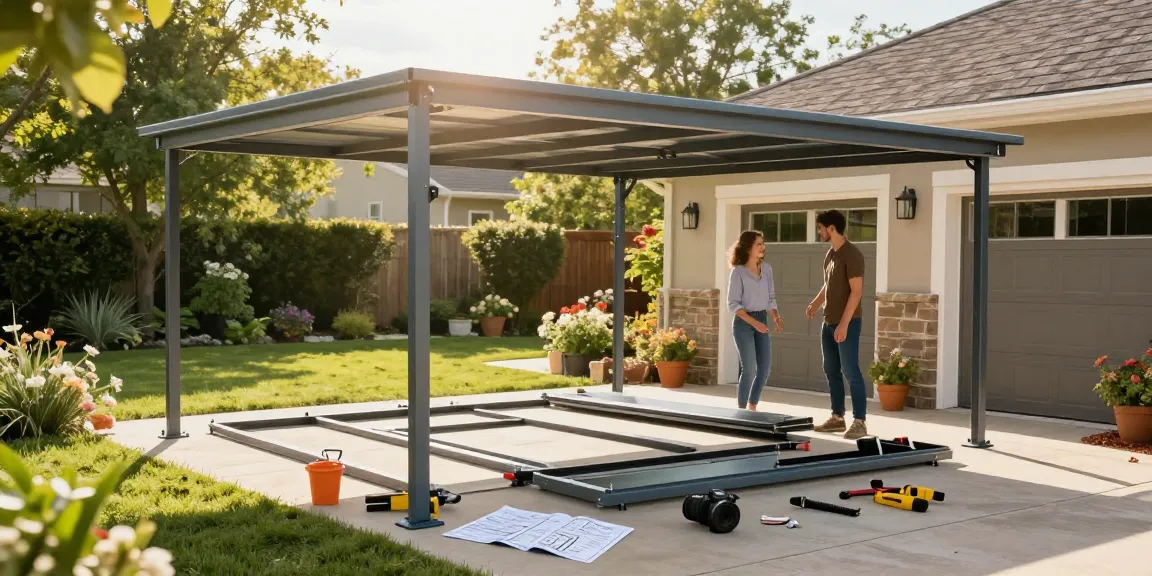 Carport Montage eines Paares, das zusammen einen modernen Carport aufbaut, mit Werkzeugen und Anleitungen im Garten.
