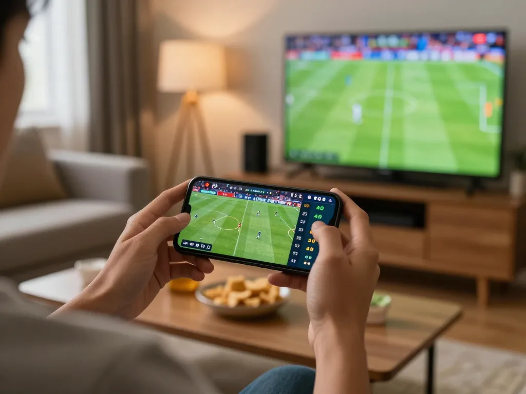 Engaged player using smartphone for keo nha cai 5 during live football match, showcasing immersive betting experience.