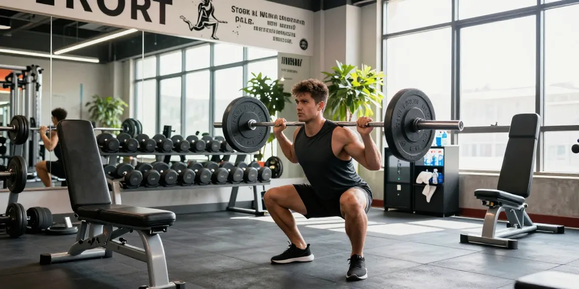 Anabolika kaufen für Muskelaufbau im modernen Fitnessstudio mit Athlet bei der Kniebeuge.