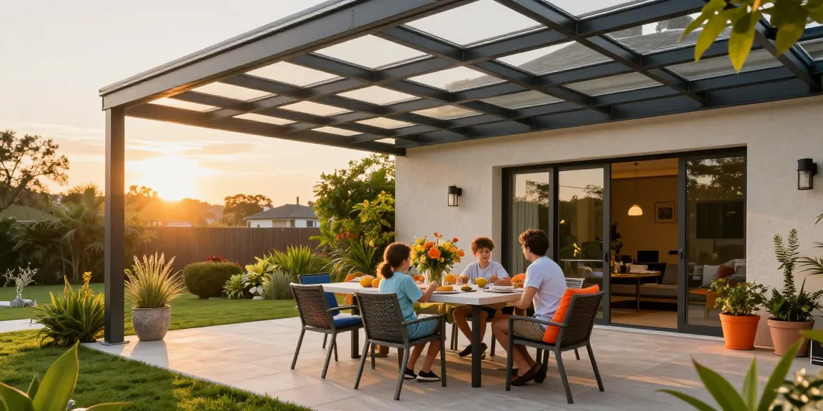 Moderne Terrassenüberdachungen: stilvolle Terrasse mit Familie, sonniger Tag, gemütliche Atmosphäre.