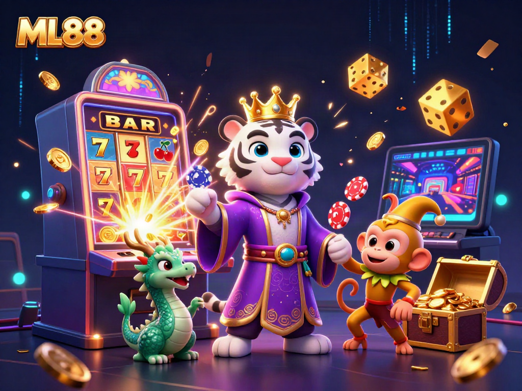 Experience the thrill of ML88 with an illustration featuring a royal tiger, jester monkey, and jade dragon amidst casino elements.