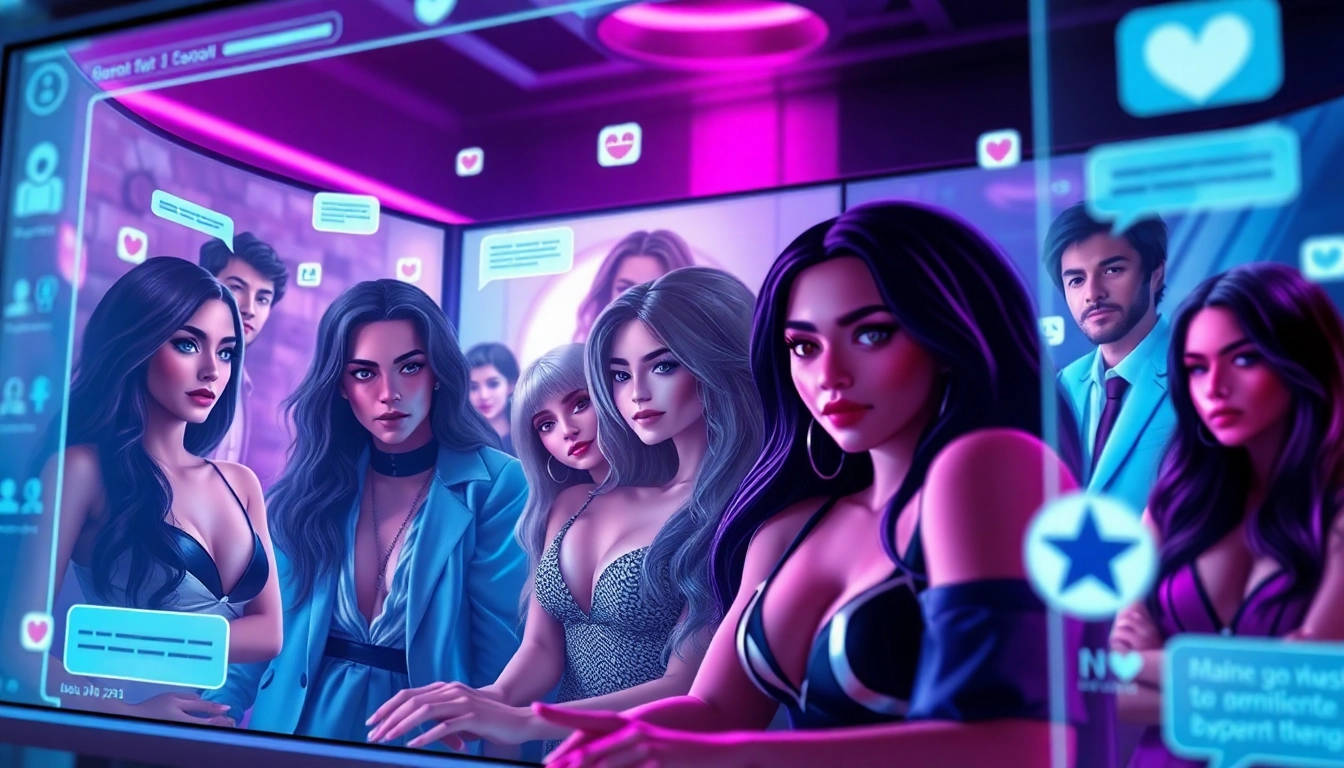 Engaging scene of NSFW chat interface with diverse characters showcasing alluring personalities, set in a modern digital environment.