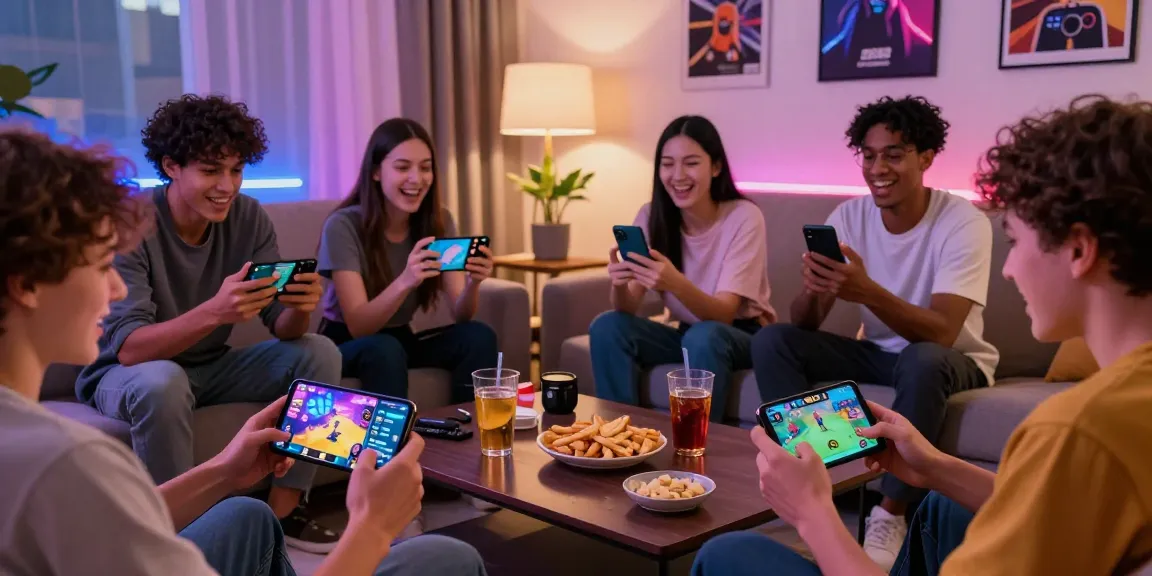 Exciting group gaming night at https://b52club.radio.fm/, friends playing B52 CLUB games on smartphones in a cozy living room.