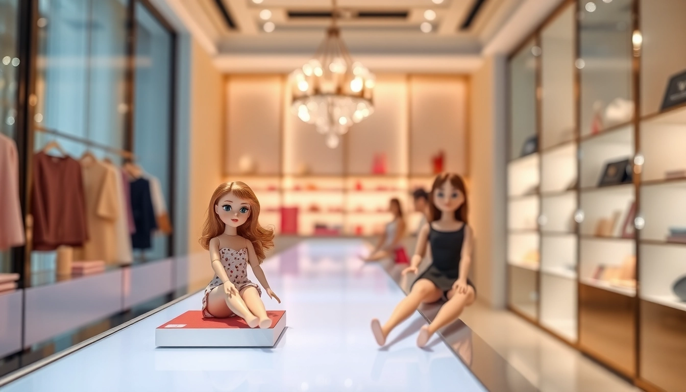 Stehleuchte mit hochwertigen Love Dolls in einem eleganten Boutique-Setting.