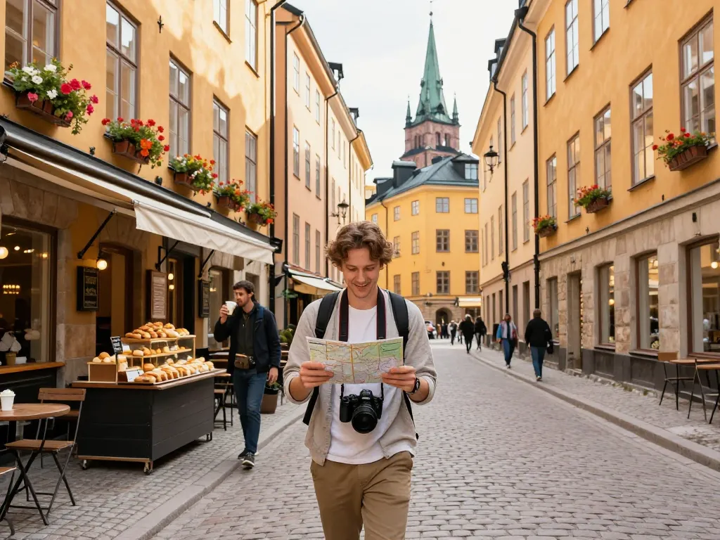 Reisetipps Stockholm: Ein Reisender genießt die malerischen Straßen von Gamla Stan, umgeben von bunten Gebäuden und lokalen Cafés an einem sonnigen Tag.