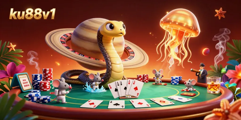 Bet on ku88v1 with a snake roulette, cosmic dealer and vibrant poker atmosphere.