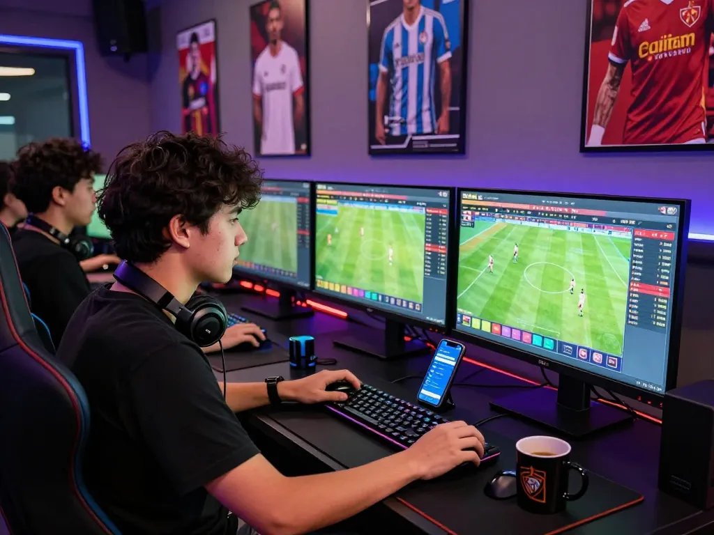 Exciting judi bola online betting scene with player analyzing football stats.
