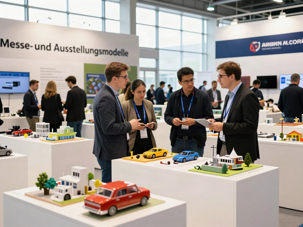 Messe- und Ausstellungsmodelle in einem professionellen Ausstellungsraum, umgeben von interessierten Besuchern.