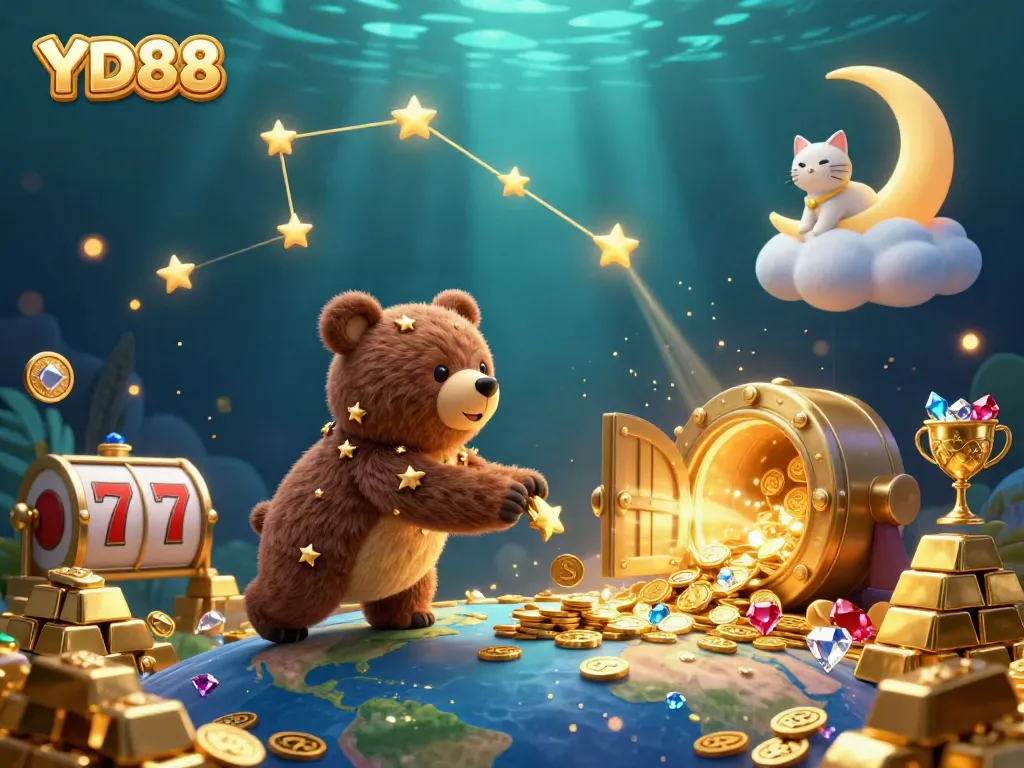 Experience the magic of YD88 as the constellation bear collects jackpot coins amidst slot reels and sparkling gems.