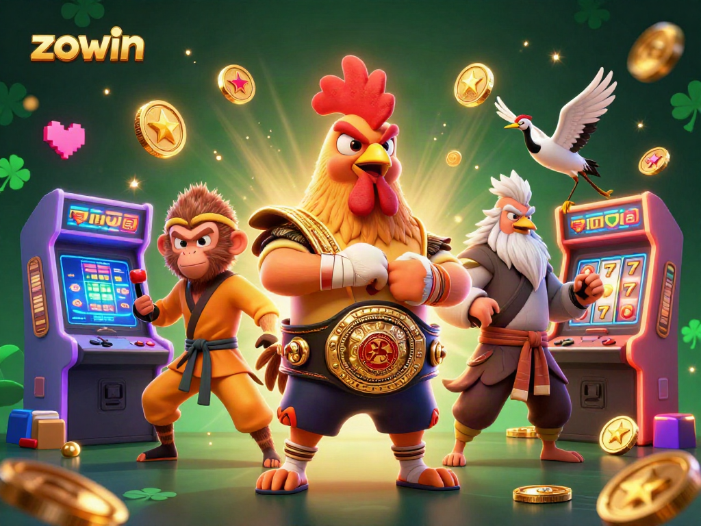 Zowin's dynamic scene featuring a fierce rooster, monkey martial artist, and wise crane amidst colorful arcade and slot icons.
