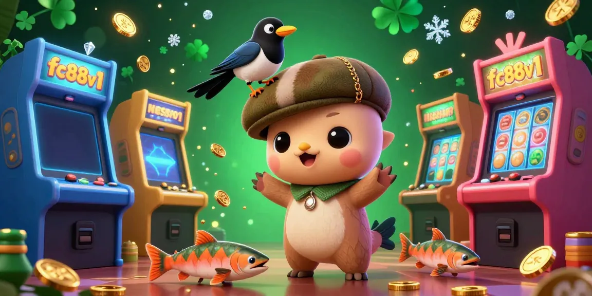 Experience thrilling gaming with fc88v1 as cute Nessie plays amidst vibrant slots and glowing game machines.