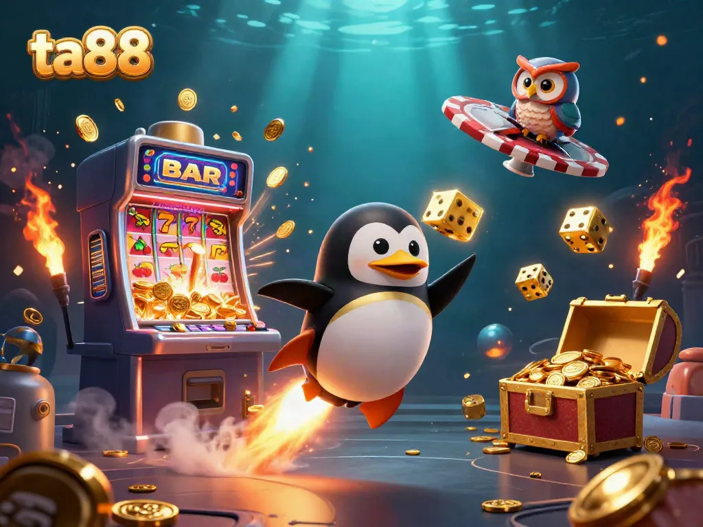 Engaging scene showing ta88's golden penguin racing towards a casino space station, symbolizing exciting gaming adventures.