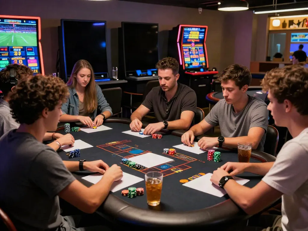 Engaging online gambling scene at https://ta88.network/ featuring friends enjoying diverse gaming activities and lively atmosphere.