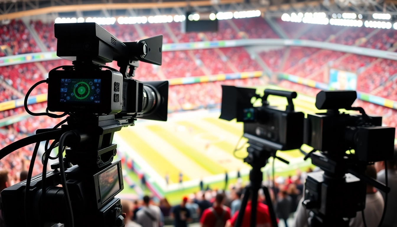 Capturing the essence of Sports Broadcasting with professional equipment in an energetic arena.