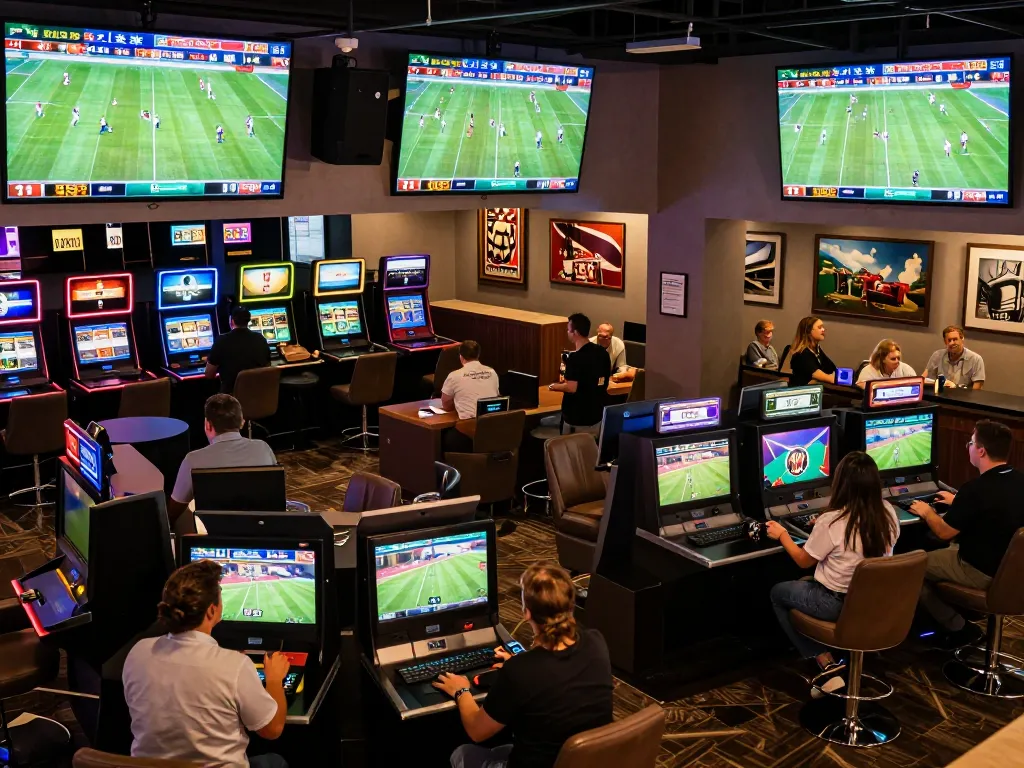 Exciting atmosphere in sports betting lounge showcasing tỷ lệ bóng đá kèo nhà cái actively displayed on screens with patrons engaging in bets