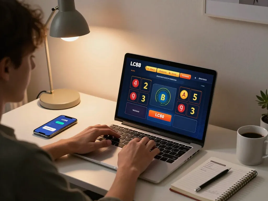 Engaging with baccarat on LC88 link through laptop, highlighting strategic play and comfortable home setup.