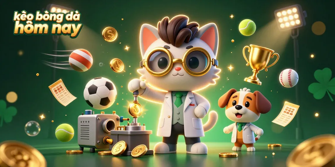 Engage with kèo bóng đá hôm nay in this vibrant 3D illustration of a mad scientist cat and assistant dog amidst sports betting excitement.