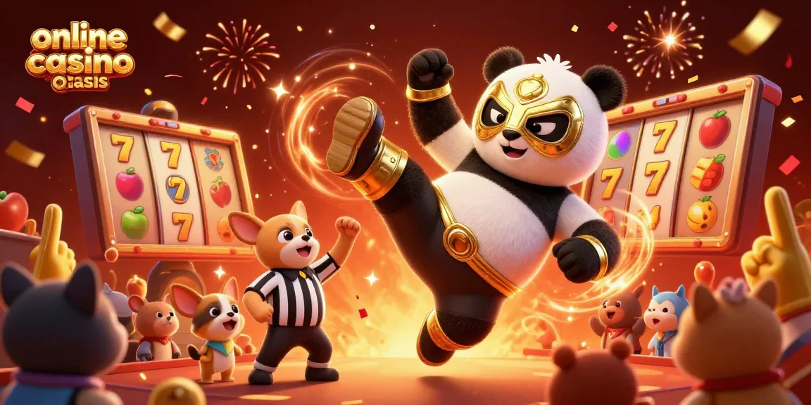 Crowd cheering in an exciting online casino ohne oasis scene featuring a wrestler panda and explosive slots action.