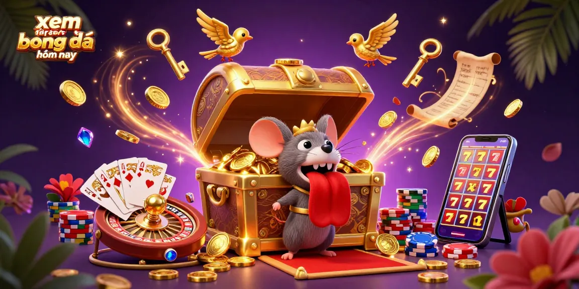 xem trực tiếp bóng đá hôm nay with adventurous mice and a golden treasure chest in a vibrant casino scene.