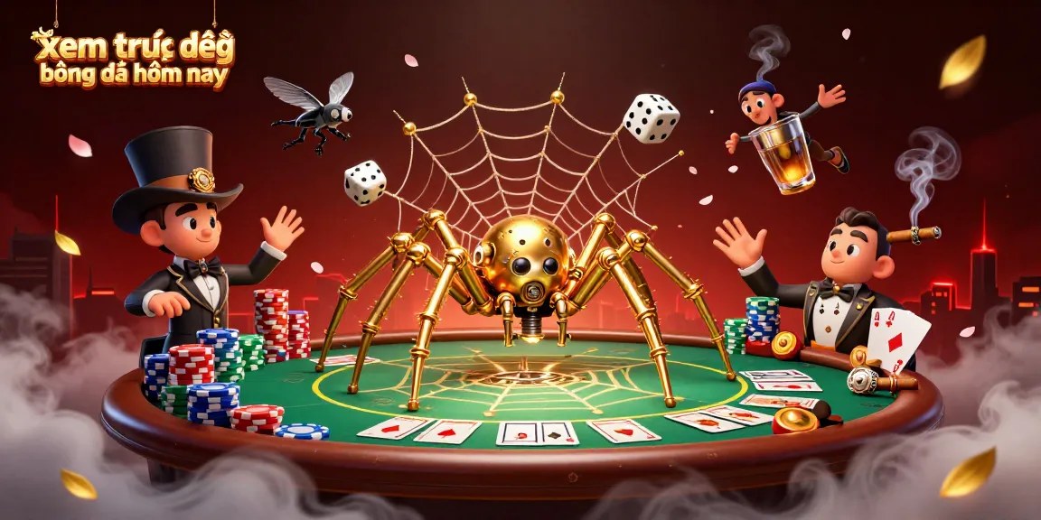 Experience xem trực tiếp bóng đá hôm nay with this vibrant illustration depicting a steampunk spider capturing dice, surrounded by poker elements.