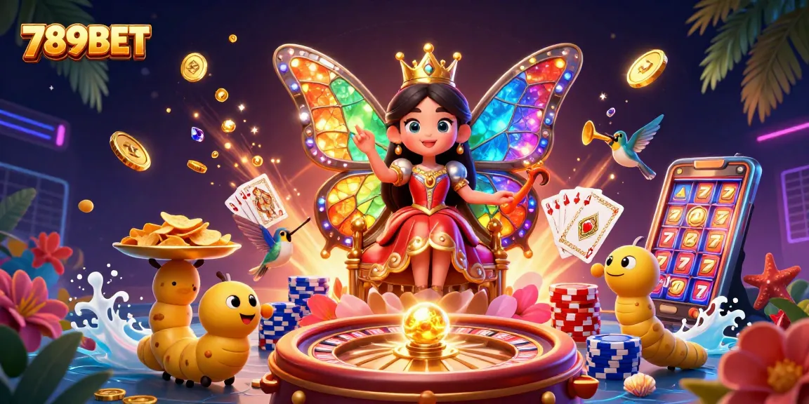 Spin to win with 789BET at this vibrant online casino game illustration, featuring a whimsical butterfly queen.