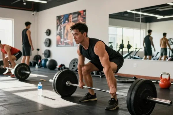 Anabolikashop: Athlet beim Training im Fitnessstudio, konzentriert beim Kreuzheben mit motivierender Umgebung.