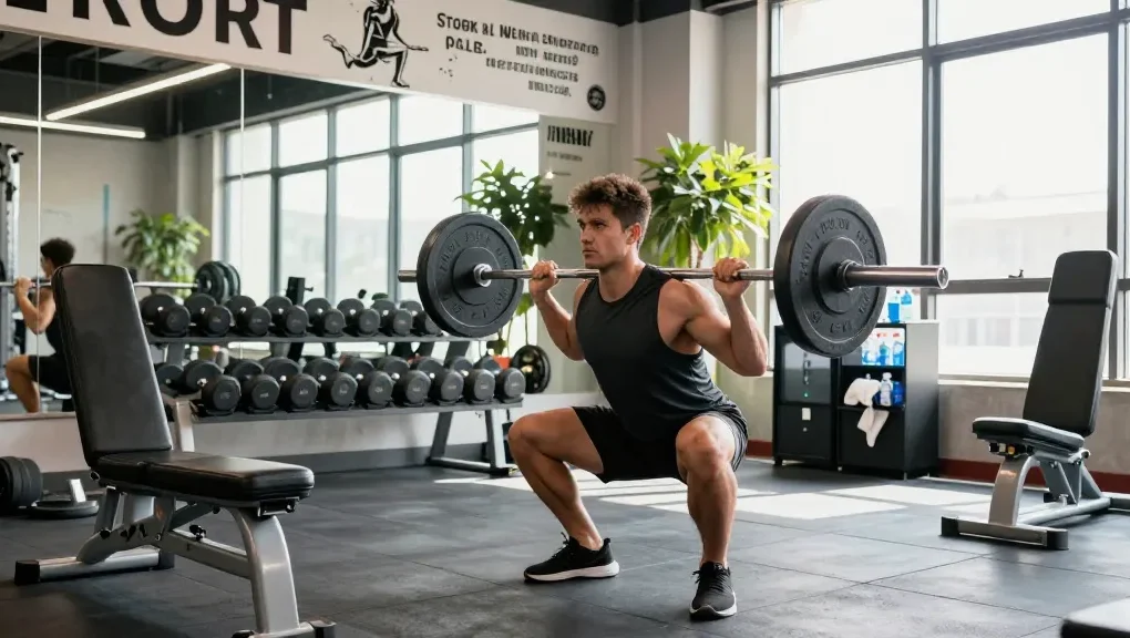 Anabolika kaufen für Muskelaufbau im modernen Fitnessstudio mit Athlet bei der Kniebeuge.