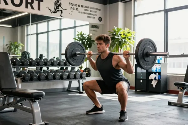 Anabolika kaufen für Muskelaufbau im modernen Fitnessstudio mit Athlet bei der Kniebeuge.