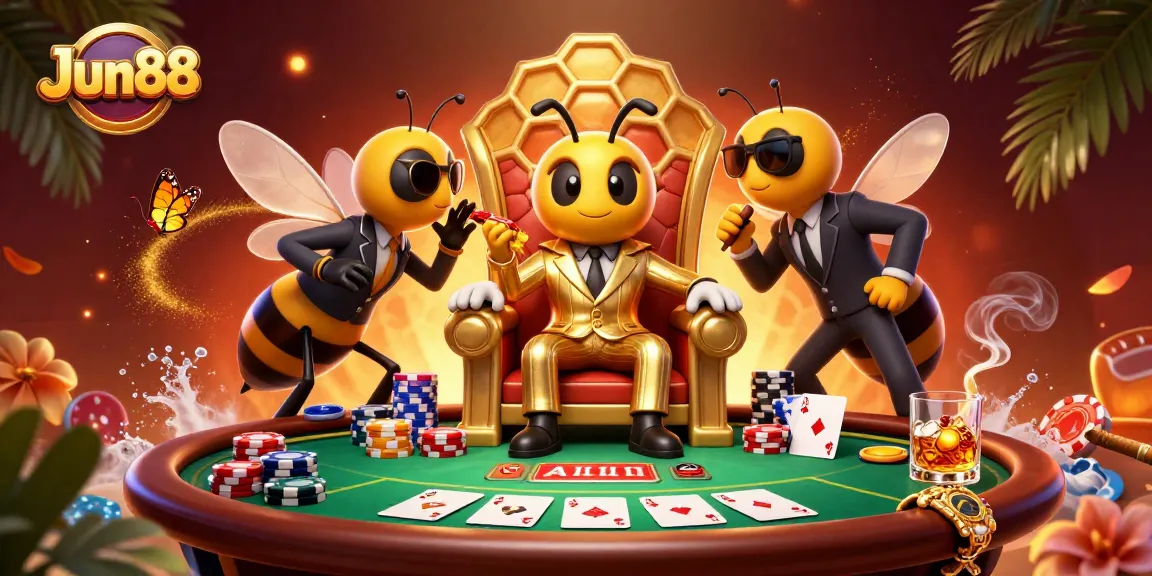 Experience thrilling action at Jun88 with a dynamic casino scene showcasing poker elements and vibrant characters.